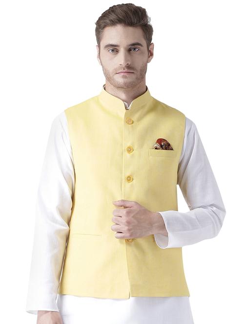 yellow solid linen nehru jacket - 17351833 - Very Small Image - 1