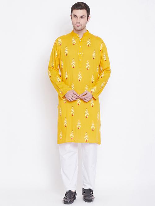 mustard ikat print kurta pyjama set - 17352163 - Very Small Image - 1