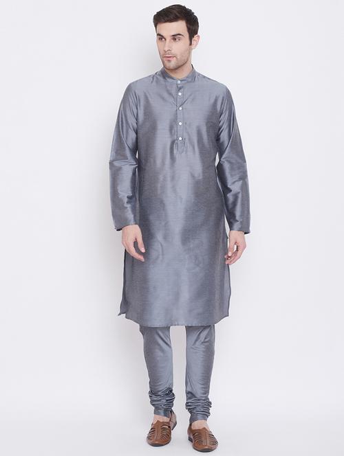 grey solid silk blend kurta pyjama set - 17352177 - Very Small Image - 1