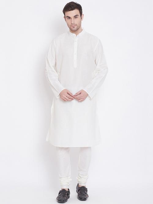 cream solid silk blend kurta pyjama set - 17352179 - Very Small Image - 1