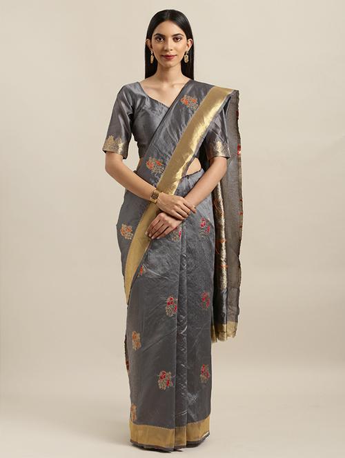 women's self design grey colored saree with blouse - 17353331 - Very Small Image - 1