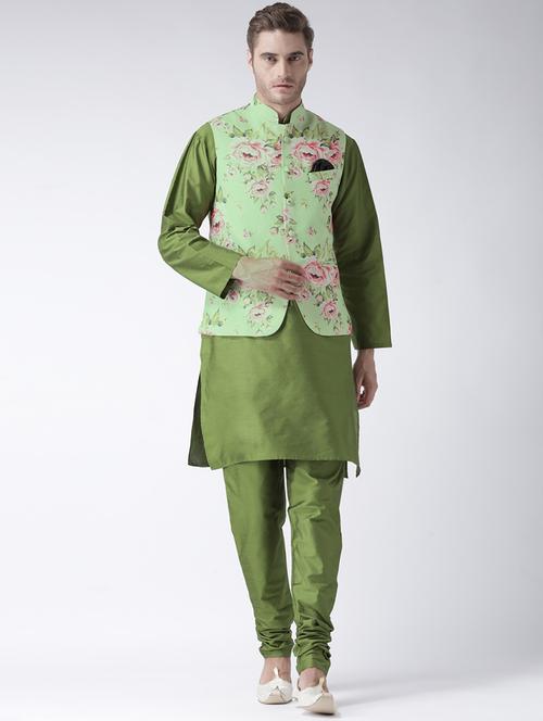 men solid kurta pyjama set with green floral nehru jacket - 17357021 - Very Small Image - 1