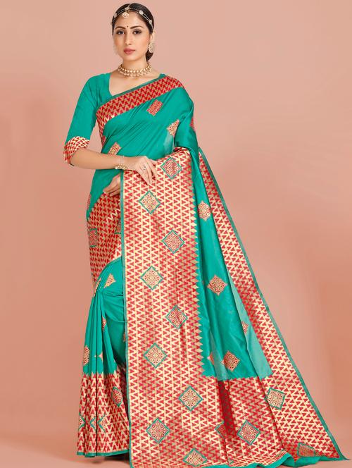 turquoise silk banarasi saree with blouse - 17359286 - Very Small Image - 1
