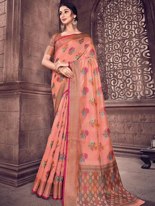 coral floral printed saree - 17360801 - Very Small Image - 1