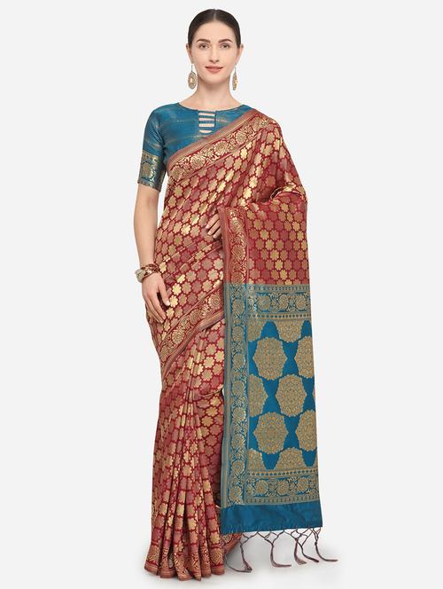 maroon silk blend saree with blouse - 17361510 - Very Small Image - 1
