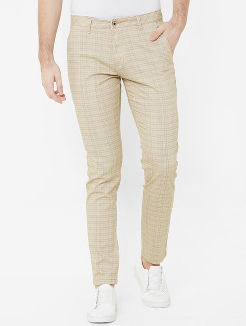 beige checkered flat front casual trouser - 17363118 - Very Small Image - 1