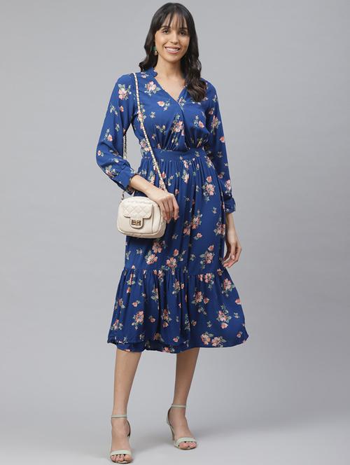 mandarin neck floral flared dress - 17366134 - Very Small Image - 1