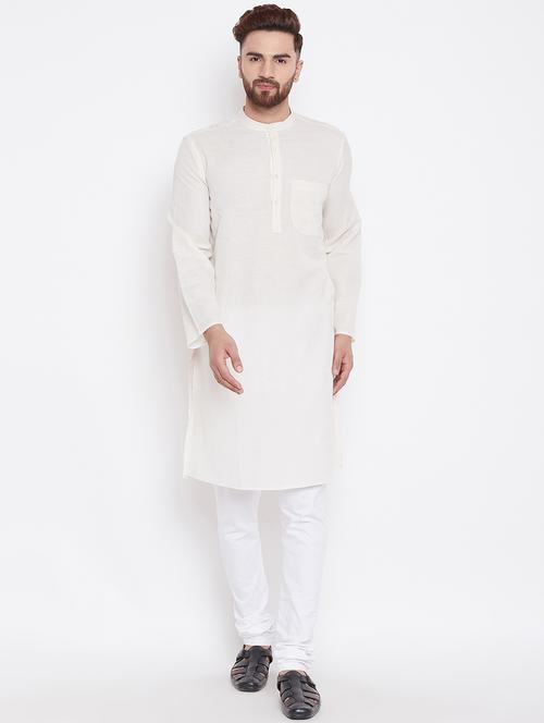 off white solid linen long kurta - 17370555 - Very Small Image - 1