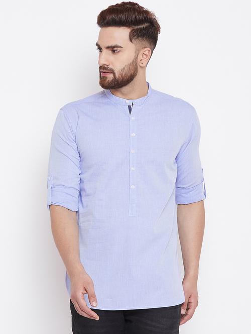 light blue self design short kurta - 17370650 - Very Small Image - 1