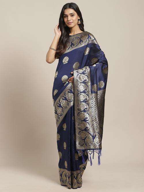 navy blue banarasi saree with blouse - 17372328 - Very Small Image - 1