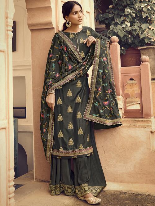 embroidered semi-stitched suit - 17372865 - Very Small Image - 1