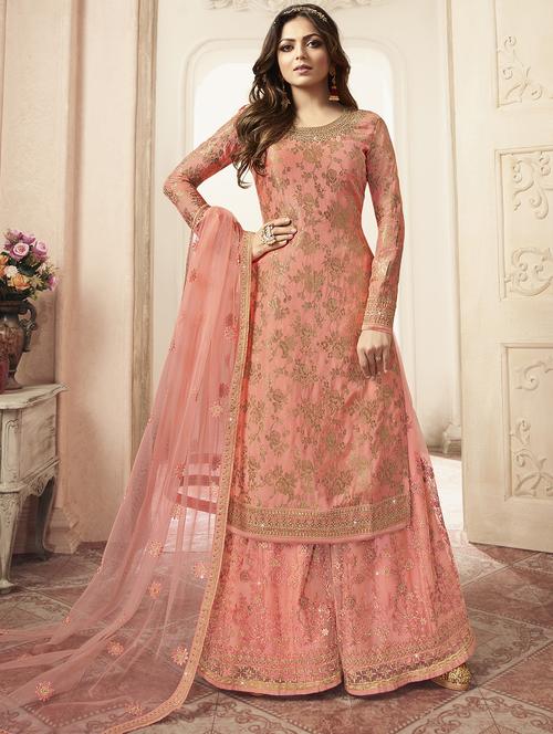golden zari work peach semi-stitched suit set - 17372870 - Very Small Image - 1