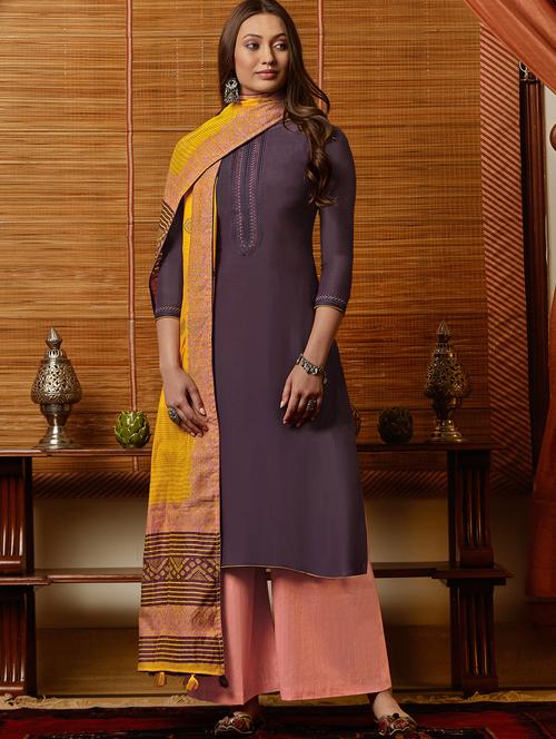 embroidered semi-stitched suit - 17372878 - Very Small Image - 1