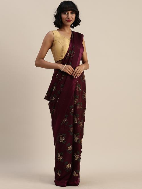 magenta satin printed saree with blouse - 17374484 - Very Small Image - 1