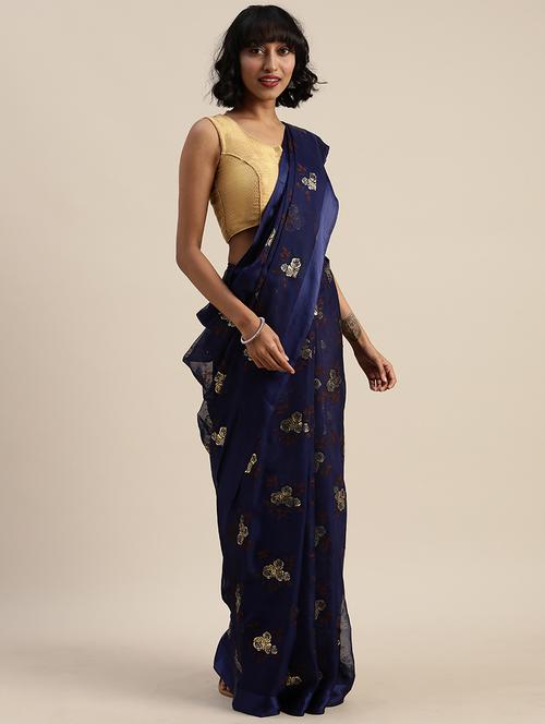 navy blue printed saree with blouse - 17374485 - Very Small Image - 1