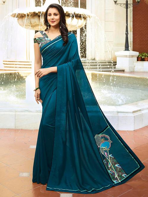 turquoise silk blend embroidered saree with blouse - 17374586 - Very Small Image - 1