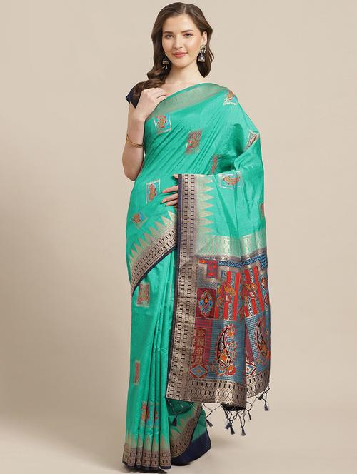 teal woven saree with blouse - 17374996 - Very Small Image - 1