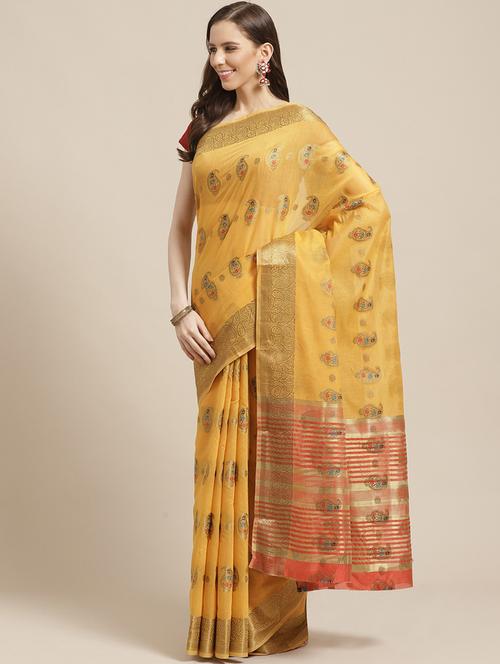 mustard silk blend saree with blouse - 17375013 - Very Small Image - 1