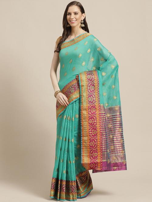 women's self design turquoise colored saree with blouse - 17375035 - Very Small Image - 1