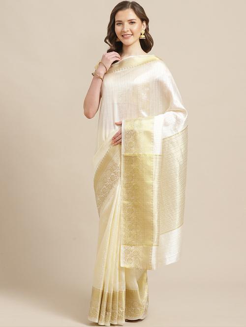 off-white zari work woven saree with blouse - 17375060 - Very Small Image - 1