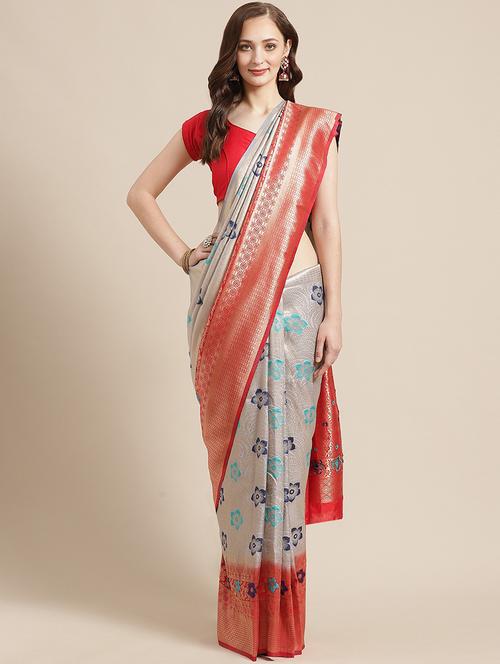 floral woven saree with blouse - 17375101 - Very Small Image - 1