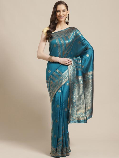 turquoise silk blend saree with blouse - 17375125 - Very Small Image - 1