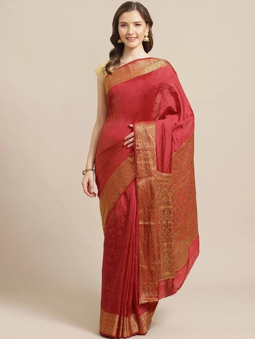 maroon silk blend saree with blouse - 17375172 - Very Small Image - 1