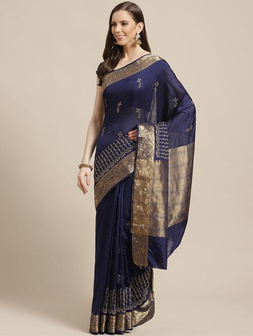 navy silk blend embroidered saree with blouse - 17375181 - Very Small Image - 1