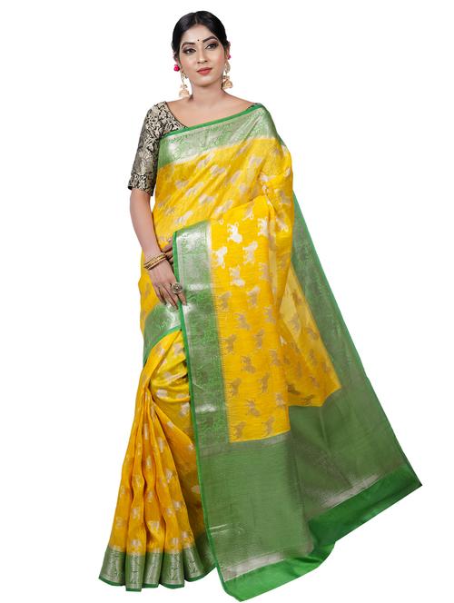 mustard linen banarasi saree with blouse - 17375442 - Very Small Image - 1