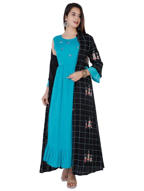 embroidered a-line kurta with printed jacket - 17375672 - Very Small Image - 1