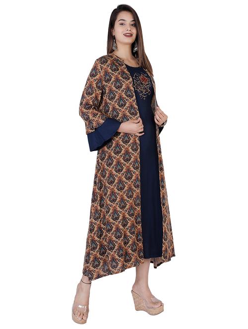 embroidered a-line ethnic dress with printed jacket - 17375674 - Very Small Image - 1