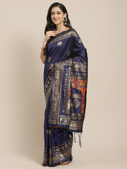 navy silk blend banarasi saree with blouse - 17376733 - Very Small Image - 1