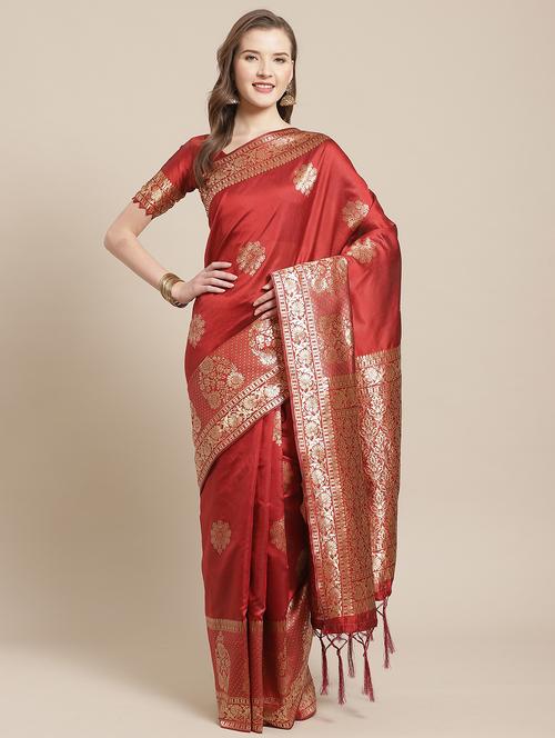 maroon silk blend banarasi saree with blouse - 17376739 - Very Small Image - 1
