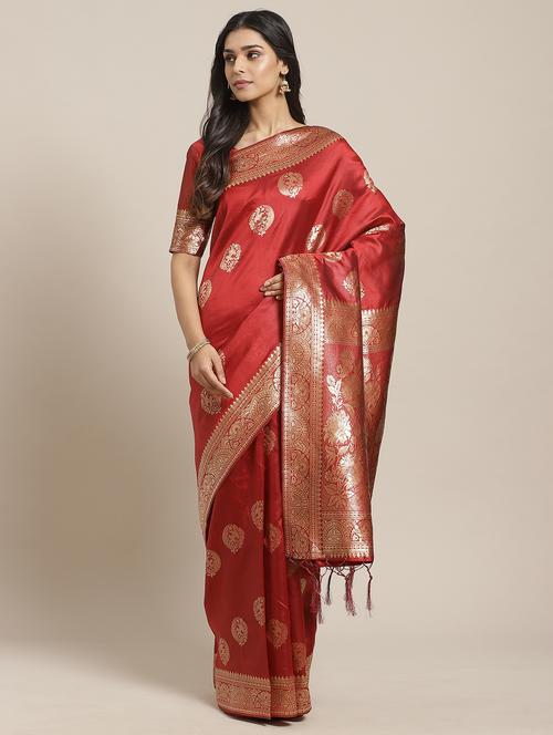 maroon silk blend banarasi saree with blouse - 17376745 - Very Small Image - 1