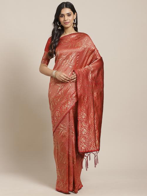 maroon silk blend banarasi saree with blouse - 17376751 - Very Small Image - 1