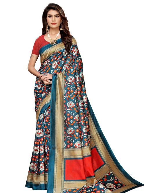 navy art silk printed saree with blouse - 17377424 - Very Small Image - 1