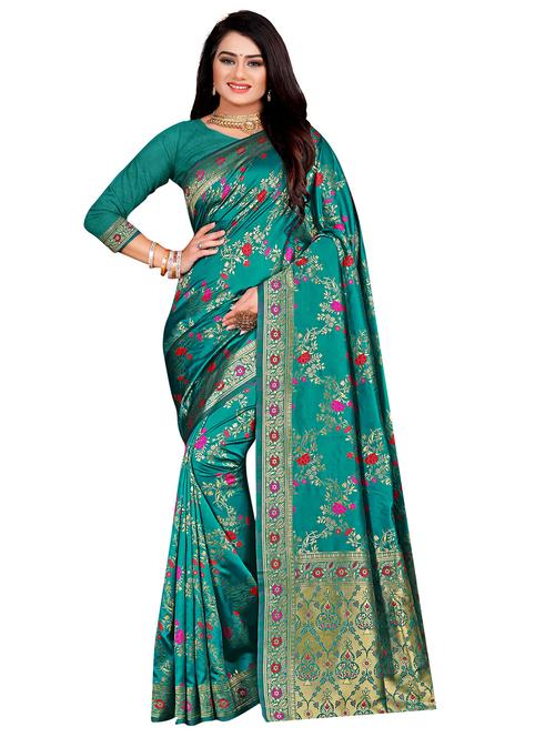 teal banarasi saree with blouse - 17379583 - Very Small Image - 1