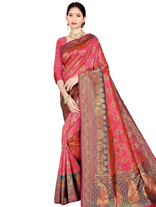 ethnic motif woven saree with blouse - 17379616 - Very Small Image - 1