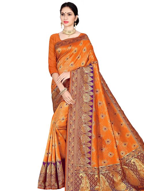 ethnic motif woven saree with blouse - 17379620 - Very Small Image - 1