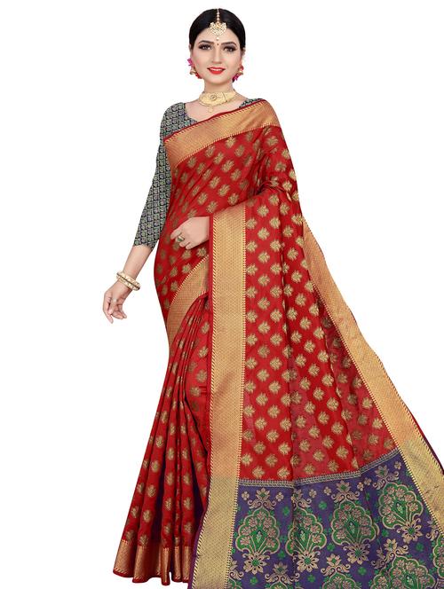 ethnic motif woven saree with blouse - 17379621 - Very Small Image - 1