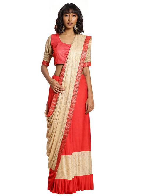 foil print ruffled saree with blouse - 17379709 - Very Small Image - 1