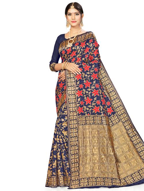 floral woven saree with blouse - 17379898 - Very Small Image - 1