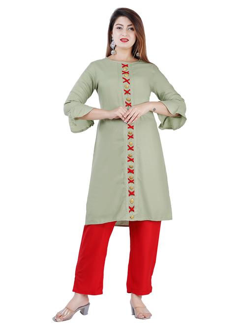 applique work solid kurta pant set - 17382796 - Very Small Image - 1