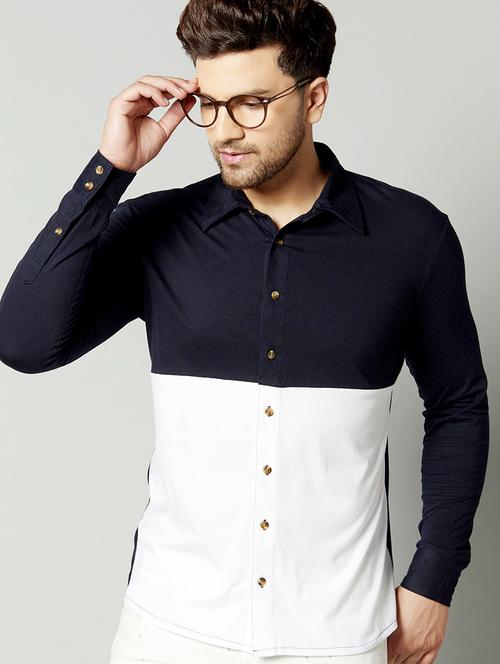 navy blue color block casual shirt - 17383252 - Very Small Image - 1
