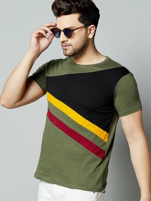 olive green color block cut & sew t-shirt - 17383294 - Very Small Image - 1