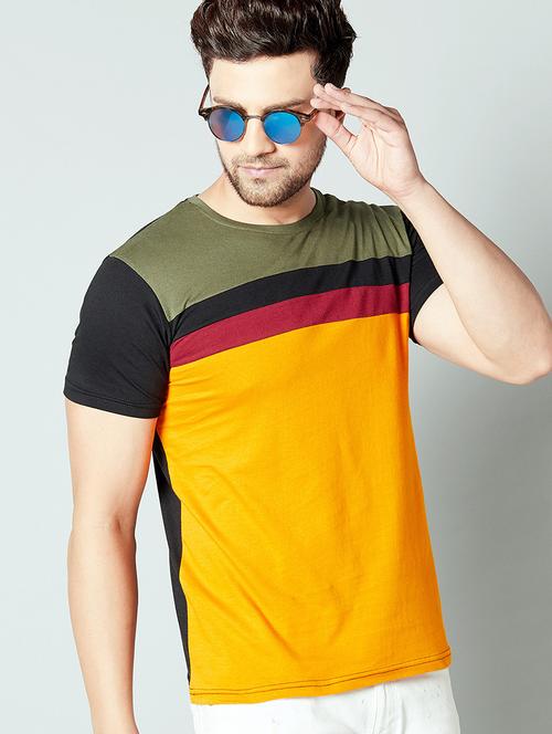yellow color block cut & sew t-shirt - 17383297 - Very Small Image - 1