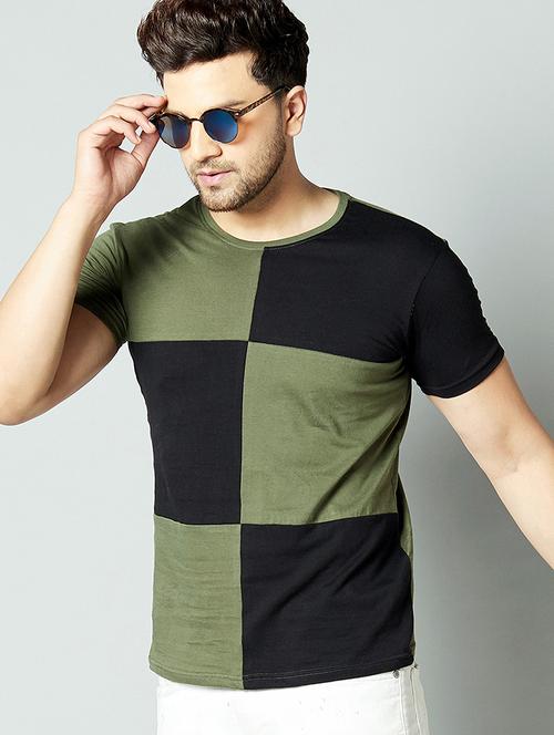 olive green color block cut & sew t-shirt - 17383366 - Very Small Image - 1
