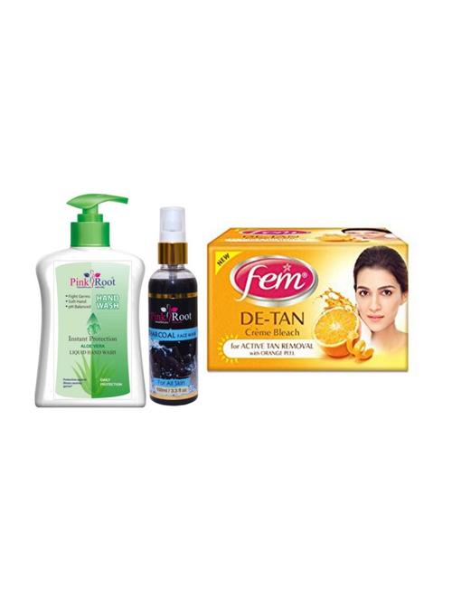 pink root aloe vera hand wash 200ml, charcoal face wash 100ml with fem de-tan cr?me bleach - 17384805 - Very Small Image - 1