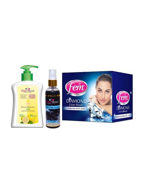 pink root lemon hand wash 200ml, charcoal face wash 100ml with fem diamond crème bleach - 17384844 - Very Small Image - 1