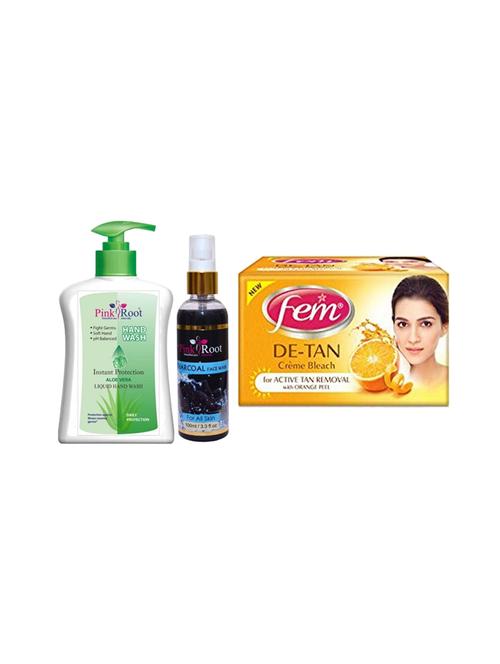 pink root aloe vera hand wash 200ml, charcoal face wash 100ml with fem de-tan crème bleach - 17385414 - Very Small Image - 1
